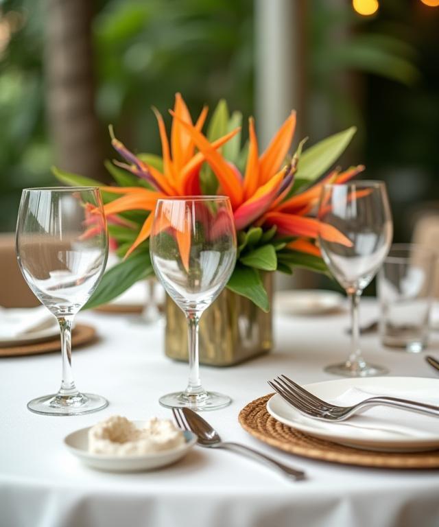 Elegant table setting with tropical flower centerpiece at Misty Bloom