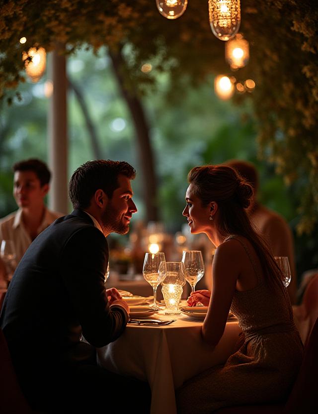 A couple enjoying their dinner in the lush, intimate setting of Misty Bloom, with soft ambient lighting