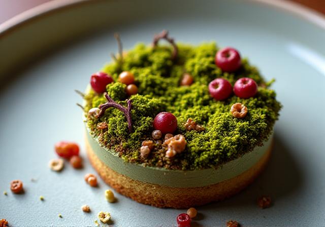 An intricate dessert resembling a forest floor, composed of edible elements like chocolate 'twigs' and 'moss'